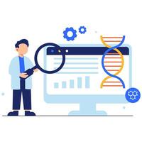 A researcher examines DNA information on a digital screen, highlighting innovation, technology, and scientific analysis vector