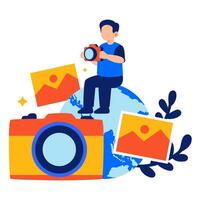 Celebrating world photography day by capturing inspiring moments with a globe and camera in a vibrant artistic composition vector