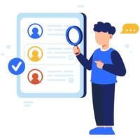 Recruitment Process Visual Showing a Professional Using a Magnifying Glass to Search for the Right Candidate Profile vector
