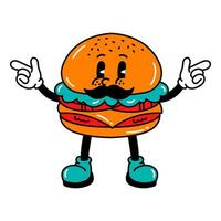 Playful Burger with Mustache and Cheerful Expression in a Whimsical Food Character Scene vector