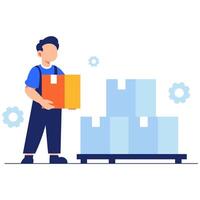 Warehouse Worker Carrying a Parcel in a Modern Logistics and Industrial Environment vector