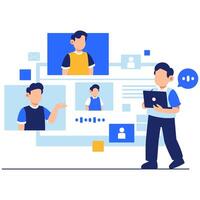 Illustration of a Person Interacting with Virtual Avatars in a Modern Digital Communication Setting vector