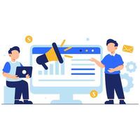 Illustration of digital marketing concepts including teamwork, analytics, and communication tools to support business development vector