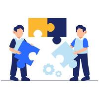 Collaborative teamwork as two individuals solve a puzzle together in a fun and creative learning atmosphere vector