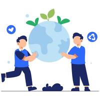 Two Men Collaborating to Support a Sustainable Earth Surrounded by Green Plants and Environmental Symbols vector