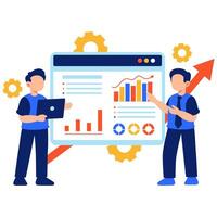 Business Professionals Analyzing Colorful Data Charts in a Modern Workspace Setting vector