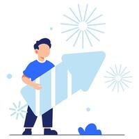 A vibrant illustration of a young man raising an arrow to represent success and growth, surrounded by colorful fireworks vector