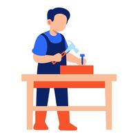 Craftsman hammering a screw into wood showing focus and skill in a woodworking scene with dedication and craftsmanship vector