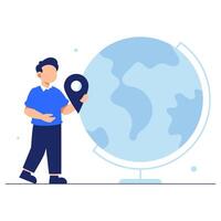A curious young explorer holds a location pin beside a globe, representing global travel, discovery, and cross-cultural learning vector