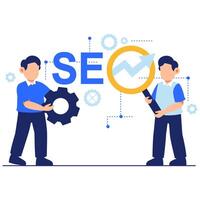Two professionals working together on SEO strategies with analytics and planning tools for digital visibility and growth vector