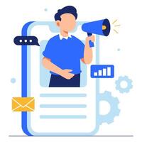 Illustration of a digital marketer using a megaphone with charts and gears, representing strategy, outreach, and communication. vector