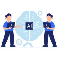 Collaborative AI Concept Featuring Professionals Discussing Ideas with Futuristic Brain Visualization vector