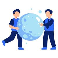 Two friends playing with a large blue moon in a bright joyful setting filled with happiness and cheerful atmosphere vector