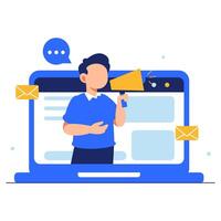 A digital marketing expert promotes creative strategies through a laptop interface, emphasizing communication, growth, and innovation vector