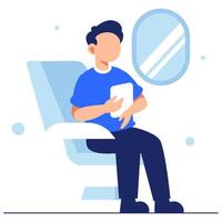 Relaxed traveler seated beside airplane window enjoying digital device during comfortable flight vector