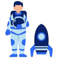 Cheerful Astronaut Standing by Rocket Ready for Space Exploration in Blue Themed Adventure vector