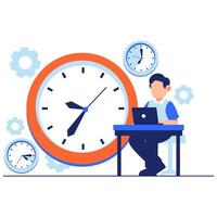 Time Management Concept with Professional at Desk Surrounded by Clocks and Gears vector