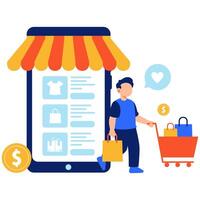 Illustration of a user enjoying a digital shopping journey using a mobile app and shopping cart for convenience vector