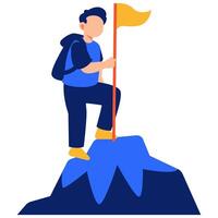 Determined hiker celebrates mountain summit success by raising a flag with passion and confidence vector
