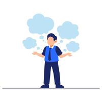 Thoughtful Businessman Surrounded by Light Blue Thought Bubbles in Conceptual Illustration vector