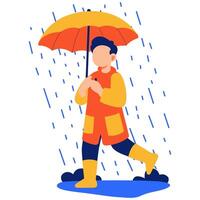 Happy child walking with raincoat and umbrella enjoying rainy weather in a playful and colorful outdoor scene vector