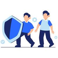 Two characters standing confidently with a shield to represent strong security, unity, and modern protective collaboration vector