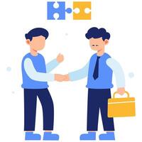 Two Businessmen Shaking Hands Representing Cooperation and Strategic Partnership Through Puzzle Piece Connection vector