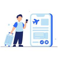 Young Traveler Using Smartphone to Book a Flight While Carrying Luggage vector