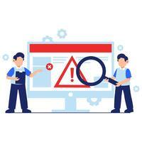 Two Professionals Analyzing a Warning Message Displayed on a Computer Screen with Gears vector