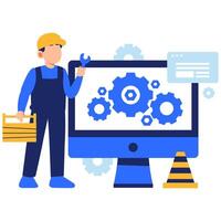 Web Developer Fixing Computer with Gears and Tools for Website Development vector