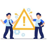 Two Professionals Discussing Workplace Warning Sign with Caution and Safety Elements vector