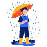 Cheerful child with umbrella enjoying playful rainy weather under colorful sky in a joyful seasonal outdoor moment vector