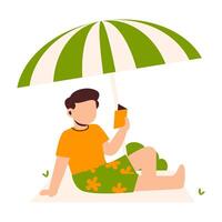 Person Enjoying a Sunny Day Under a Colorful Beach Umbrella in a Relaxed Setting vector