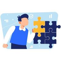 New team member collaborates in a creative workspace by solving problems using puzzle pieces to complete team goals and strategy vector