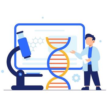 A scientist illustrates DNA structure using a microscope and digital screen in a vibrant, educational scene vector