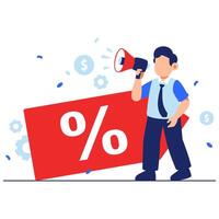 A cheerful man promotes exciting discounts using a megaphone, highlighted by a bold red sale banner vector
