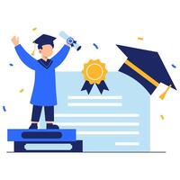A cheerful graduate throws a cap in the air and holds a diploma with pride, surrounded by festive confetti, symbolizing academic success and celebration vector