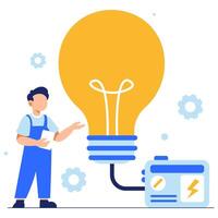 An electrician demonstrates energy principles using a glowing bulb and generator in a colorful workshop setting vector
