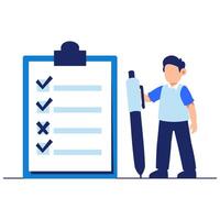 Happy Young Boy Filling Out Survey Form with Pen and Checklist in an Educational and Casual Setting vector