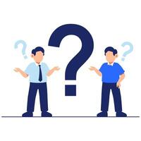 Two men standing with confused expressions and floating question marks symbolizing uncertainty and critical thinking vector