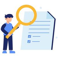 Person carefully reviewing document with magnifying glass symbolizing accuracy attention to detail and thorough inspection process vector