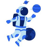 Playful Astronaut Exploring the Cosmos with Vibrant Planets and Earth in Blue Tones vector
