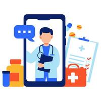 A doctor provides virtual healthcare through a smartphone, surrounded by essential medical tools and communication elements vector