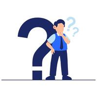 Thoughtful businessman standing beside a large question mark symbolizing curiosity, uncertainty, and exploration vector