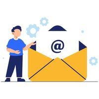 A young man presents an email envelope enhanced with gear icons, symbolizing digital communication and workflow efficiency vector