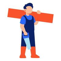 Craftsman holding wood plank and saw in a bright outfit ready for woodworking tasks and construction work with confidence vector
