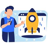 Launching a New Digital Project Rocket and Smartphone Illustration Representing Innovation, Strategy, and Growth vector