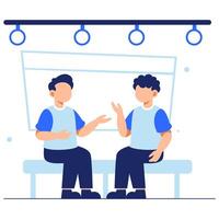 Two young men enjoying a friendly conversation while seated on a moving train during a calm travel experience vector