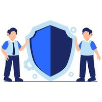 Two professionals presenting a large blue shield as a symbol of strong business security and protection in modern context vector
