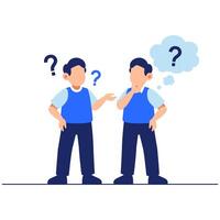 Curious Conversation Between Two Boys with Thoughtful Expressions and Question Symbols in the Air vector